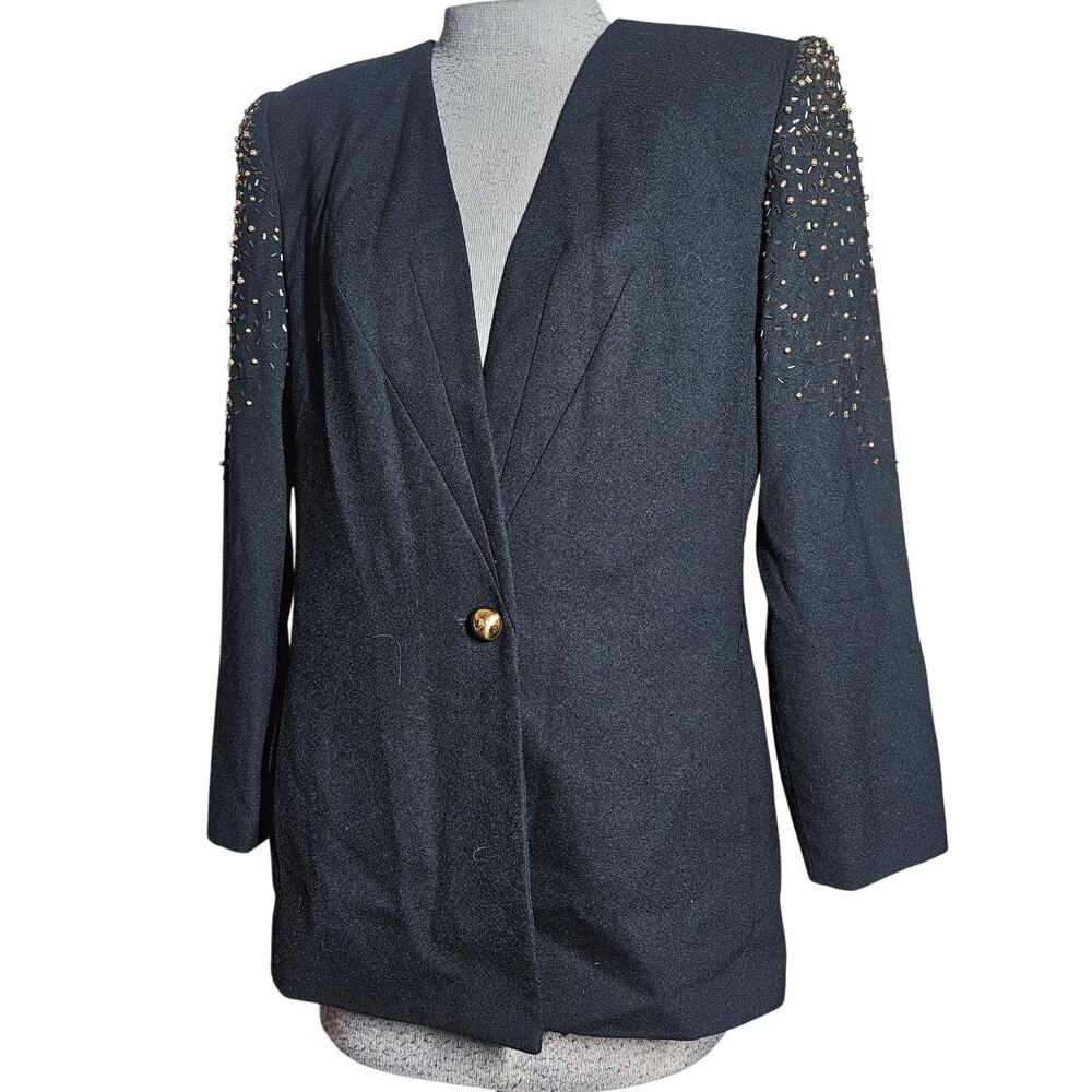 Vintage Wool Embellished Shoulder Black Blazer Jacket Size 8